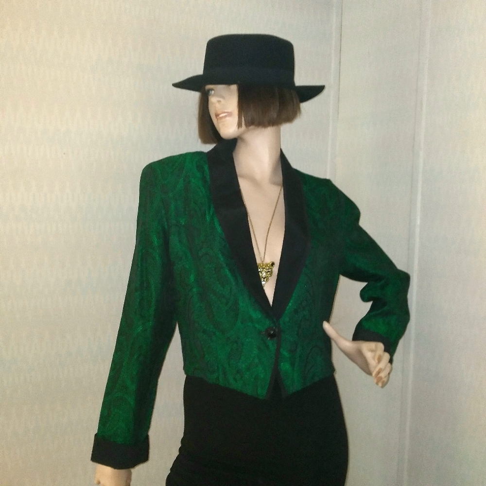 Vintage 80s Green Paisley Brocade Cropped Blazer